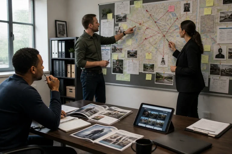 two analysts compare notes on a pinned investigative wall map while a colleague reviews training options at a nearby desk