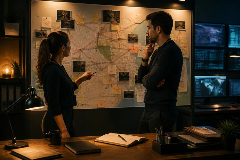 two analysts standing beside an investigative wall map with pinned notes and string connections above a tidy desk