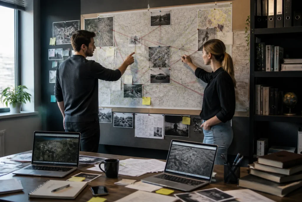 two analysts collaborating in an office, pointing at an investigative wall map with pinned notes and string links above a