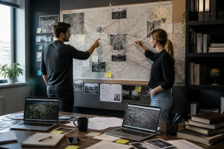 two analysts collaborating in an office, pointing at an investigative wall map with pinned notes and string links above a