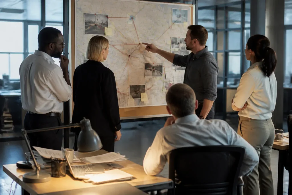 team of professionals discussing an investigative wall map with pinned notes and string above a busy analyst’s desk