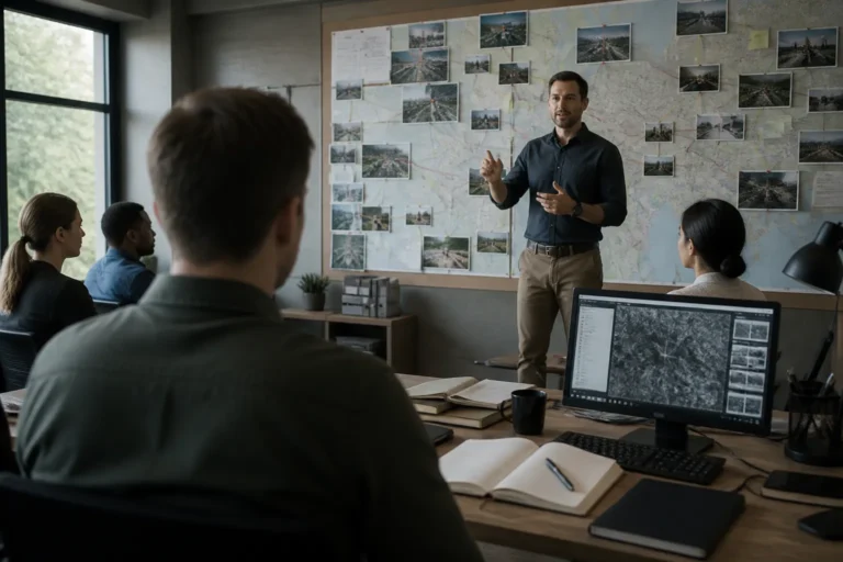 trainees in a classroom focused on an instructor with a detailed investigative wall map above an analyst’s desk