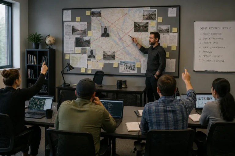 osint trainees in a classroom discussing an investigative wall map with pinned notes and string