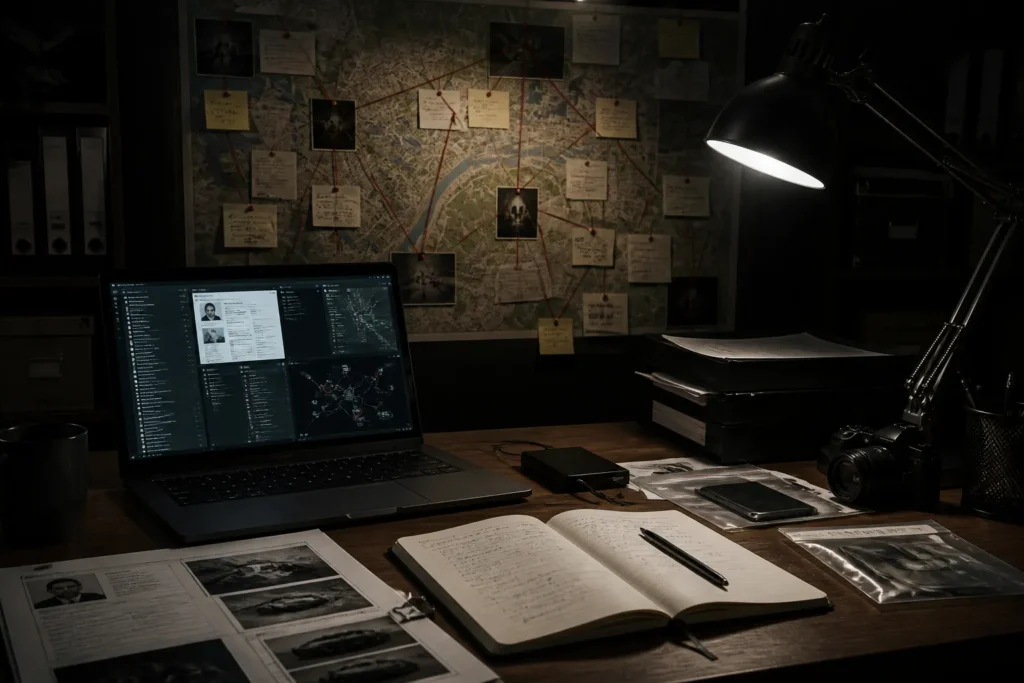 investigative analyst desk with laptop, dossiers and a wall map linked by strings